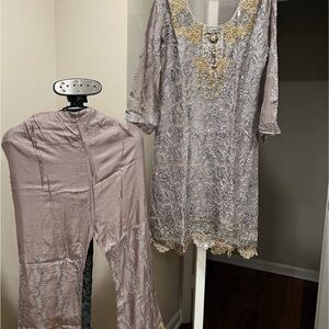 Pakistani Three Piece Elegant Gray and Gold Embroidered Outfit